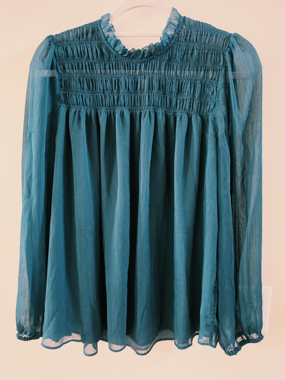 NWOT Banana Republic Teal Smocked Yoke Sheer Long-Sleeve Blouse Size L